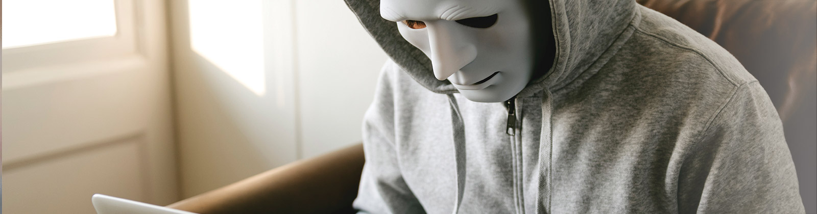 Individual with mask using laptop